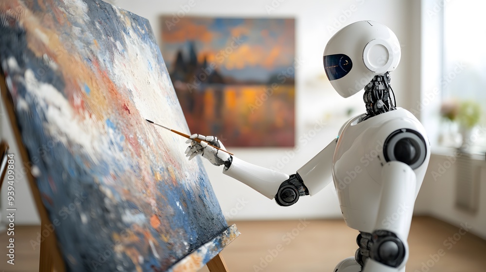 Poster a robot is painting a picture of a woman. the robot is using a paintbrush to create the painting