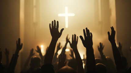 Raised hands in a church, modern worship, low light, cross 