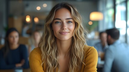 A confident young businesswoman presenting a marketing strategy to her team in a sleek, modern workspace, colleagues engaged in discussion