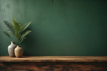 Green Wall with Vases and Plants on Wooden Table