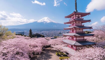 Fototapeta premium Traditional Japanese pagoda surrounded by cherry blossoms with Mt. Fuji in the background.