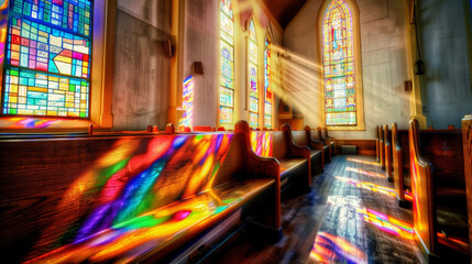 Obraz premium Colorful stained glass windows in a church in a very bright and sunny day. 