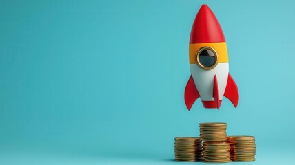 Rocketship flying through stacks of coins, investment growth, 3D illustration