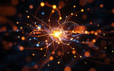 A vibrant illustration of energy flow with glowing particles and dynamic light trails in a dark background.