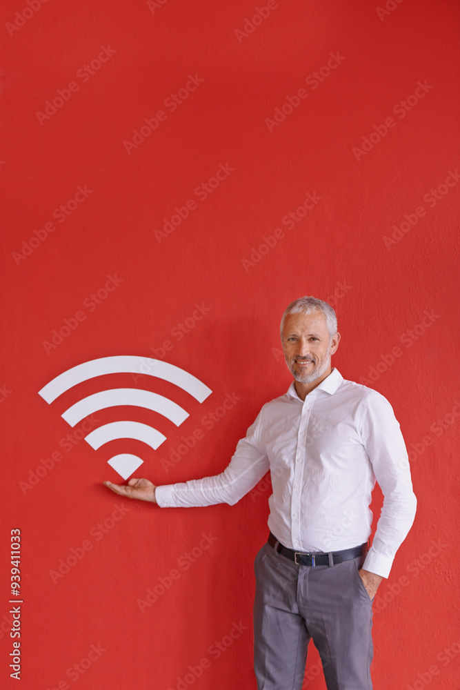 Aufkleber businessman, wall and symbol for wireless internet with portrait, smile and choice by read backgroun