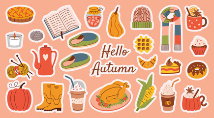 Flat style autumn stickers set with cozy elements like knitting, hot drinks, slippers, pies, and more. Ideal for seasonal designs, bullet journals, scrapbooks, and creative projects.