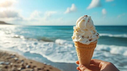 Ice Cream Cone on Beach. generative ai illustration.
