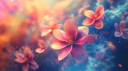 Beautiful flowers symbolizing the meaning of life, set against a dynamic futuristic backdrop, full of depth and energy