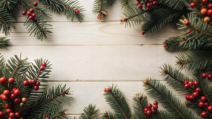 Christmas Pine Branches with Red Berries on Wooden Background, Holiday Frame with Copy Space