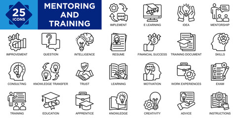 mentoring and training, training, business, team, mentor, work icon set. Outline icons collection. Simple vector illustration