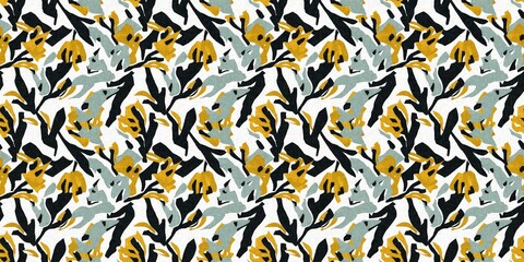 Modern printed fabric flower block print pattern with linen texture effect. Stylized boho dark floral for chic fashion background motif border design.