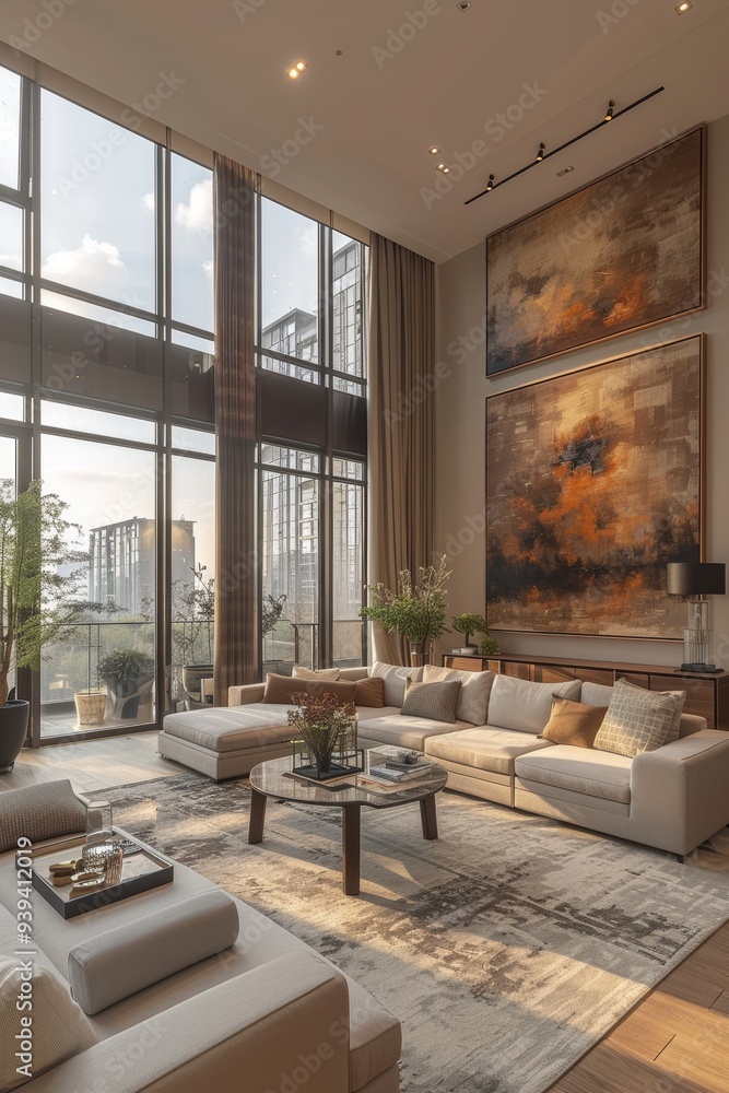 Canvas Prints A high-ceiling modern living room featuring elegant furniture and large, captivating abstract paintings that exude luxury.