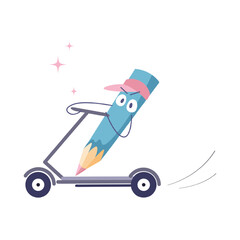 Cool pencil character mascot riding scooter. Isolated cartoon flat style design illustration on white.