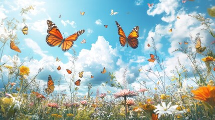 Colorful butterflies fluttering over a heavenly landscape, vibrant field and dynamic white-light blue clouds creating a serene scene