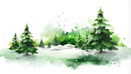 Fototapeta premium Watercolor Winter Landscape with Evergreen Trees and Snowy Hills with Copy Space
