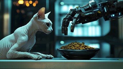 Obraz premium Futuristic Robotic Arm Serving Nutritious Cat Food to Sphynx Cat in Sci-Fi Setting