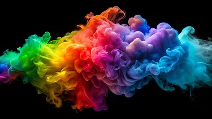 Abstract rainbow smoke cloud photography showcasing a color explosion with ink fluid art on a black background, creating a vibrant and colorful display