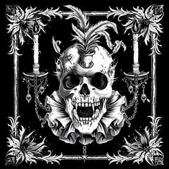 Obraz premium Skull and Grimacing Jester chain and candles black and white illustration
