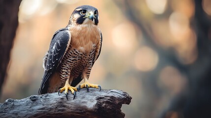 A Stunning Close-Up Photo of a Falcon Perched on a Weathered Branch ai image