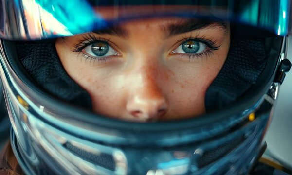 Incredible woman racer prepares for a challenge at the circuit during sunrise