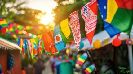Juneteenth celebration with flags and cultural decorations. 