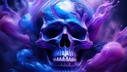 Abstract template features shiny reflective blue and purple smokey 3d marble skull