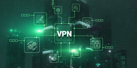 VPN Virtual Private network protocol. Business, Technology, Internet. Cyber security and privacy connection on city background