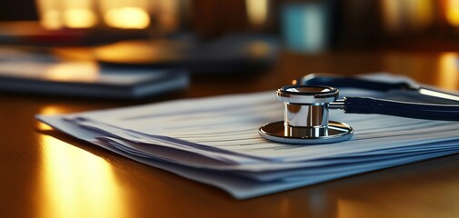 Obraz premium Close-up of a stethoscope resting on medical paperwork, symbolizing healthcare and patient care in a professional setting.