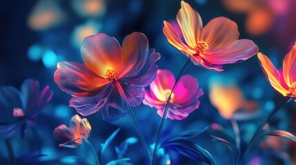 Dynamic futuristic background with vibrant, beautiful flowers, symbolizing meaning and growth in human life