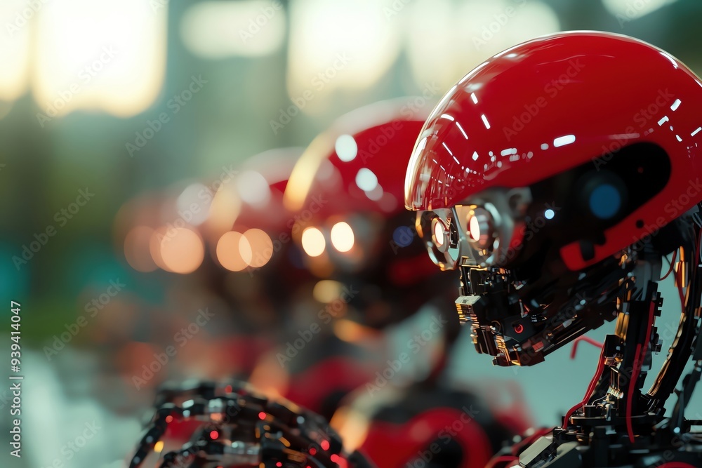 Poster close-up of advanced robots with red helmets in a futuristic setting, showcasing technology and inno