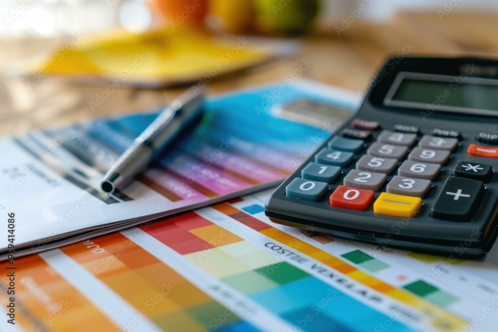 Poster accountant is calculating costs, with a calculator and a color palette on a desk