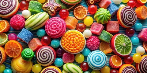 Fototapeta premium A vibrant explosion of color and sound brings the excitement of a modern sweets mix to life, inviting all to indulge in a whimsical world of candy delights.