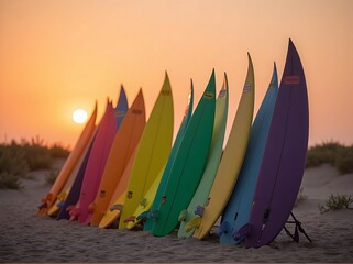 Row of brightly colored surfboards