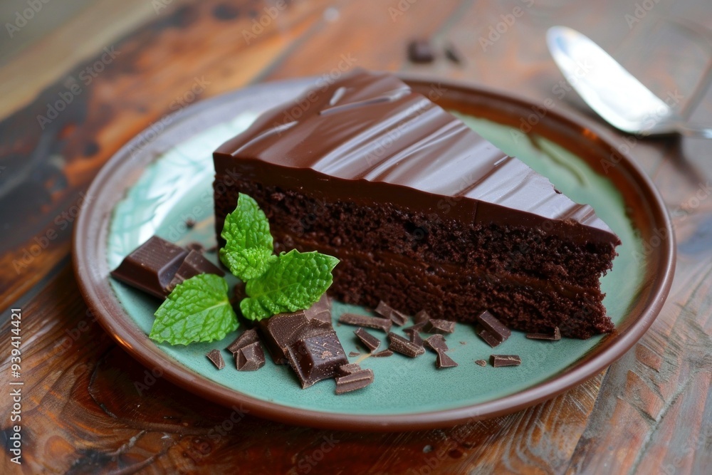 Poster delicious slice of chocolate cake is topped with chocolate ganache and served on a plate with chocol