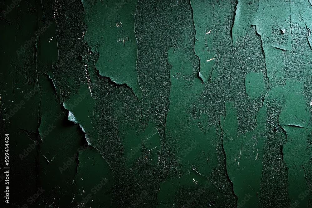 Poster close-up of an abstract textured wall showcasing peeling paint in deep green tones, creating a sense