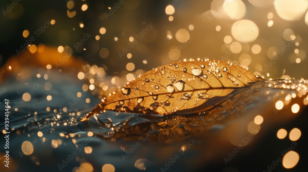 Poster Detailed view of a leaf with droplets of water catching the morning light, creating a sparkling and serene visual effect