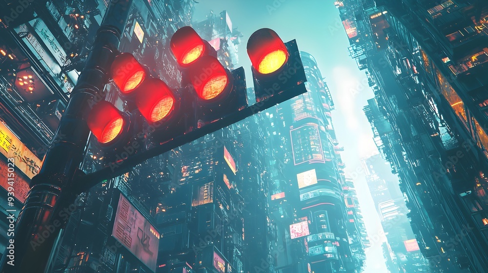 Poster futuristic traffic light hovering above busy intersection in cityscape