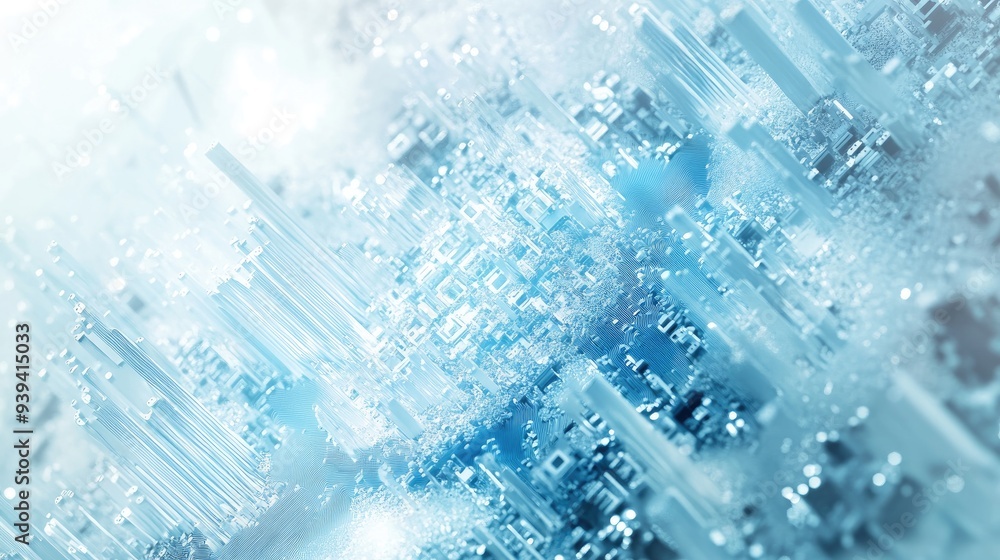 Poster sign of a computer processing data on a vibrant white-light blue backdrop, dynamic and full of energ