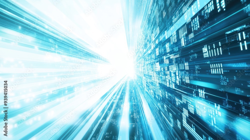 Poster sign of a computer processing data on a vibrant white-light blue backdrop, dynamic and full of energ
