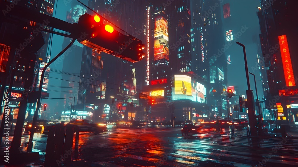Poster futuristic hovering traffic light controlling busy intersection in modernistic city skyline