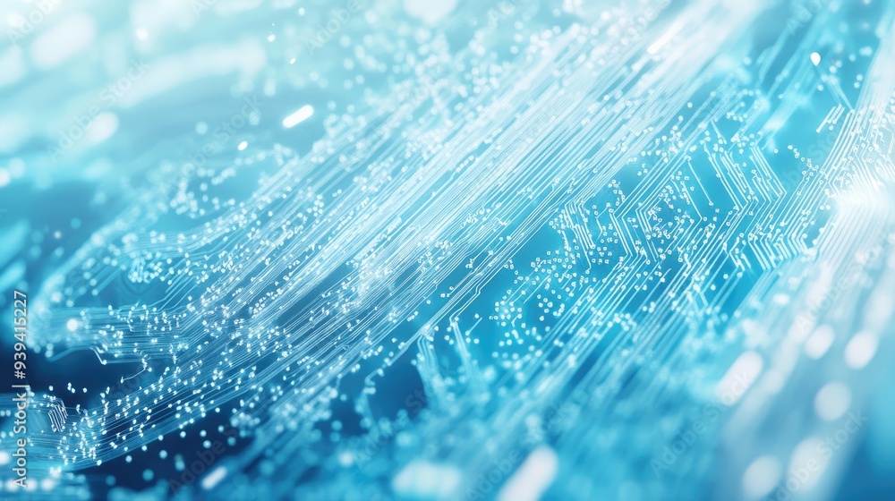 Poster sign of a computer processing data on a vibrant white-light blue backdrop, dynamic and full of energ