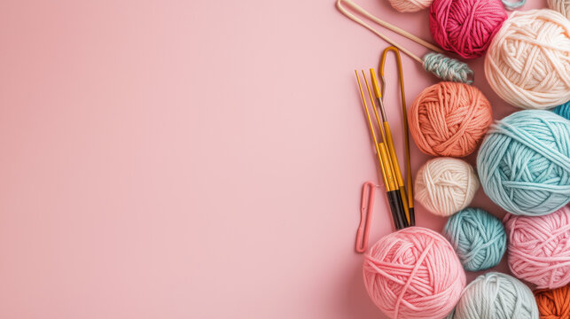 assorted knitting twisted yarns and crochet tools on pastel pink background with copy space for background, website design banner