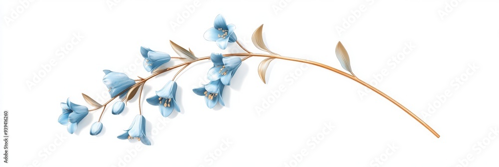 Poster a 3d single icon of a blooming bluebell flower with bell-shaped petals and a curved stem rendered in