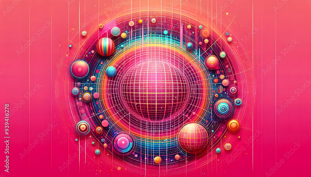 Poster a vibrant pink background with a grid pattern in the center, surrounded by colorful circles and dots