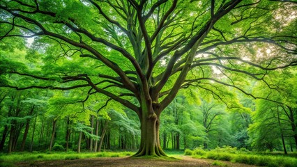 Obraz premium Tall green tree with lush foliage in a dense forest setting surrounded by green leaves, branches, and trunk