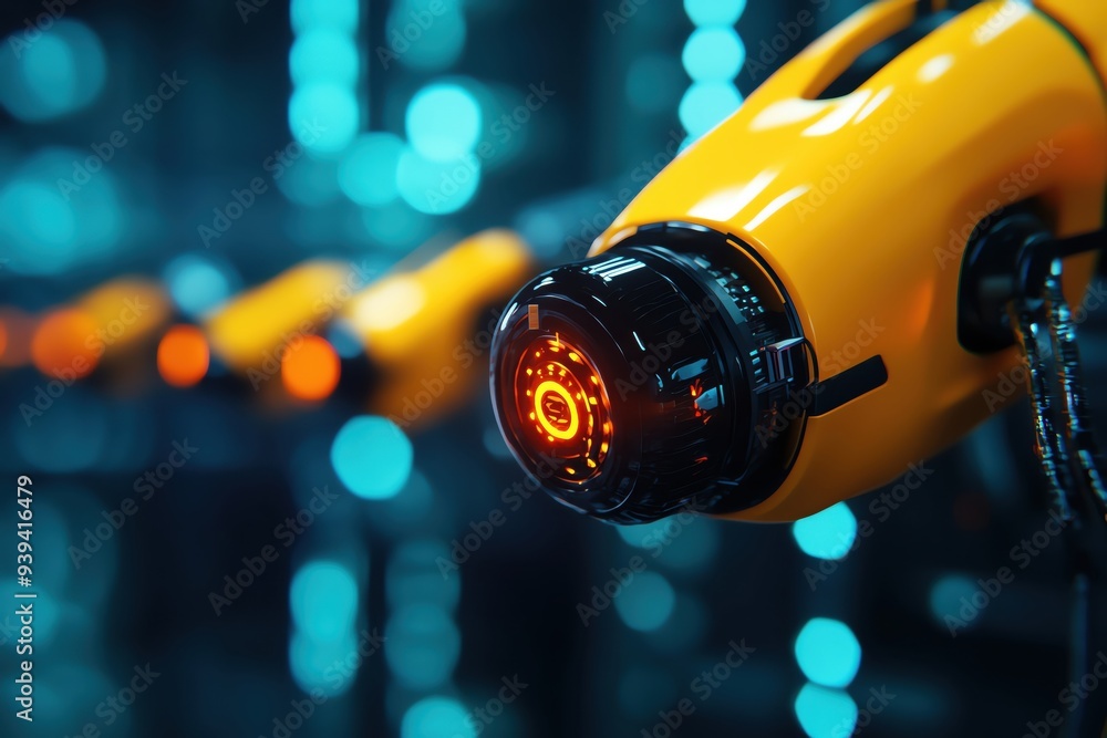 Poster close-up view of an advanced robotic arm with a vibrant design and glowing elements, emphasizing inn