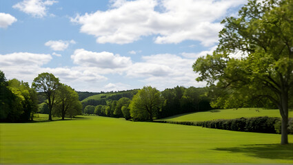 Obraz premium A green field with trees and bushes in the background