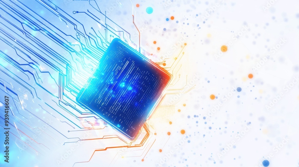 Poster vibrant computer data processing icon, set against a dynamic white-light blue background, representi