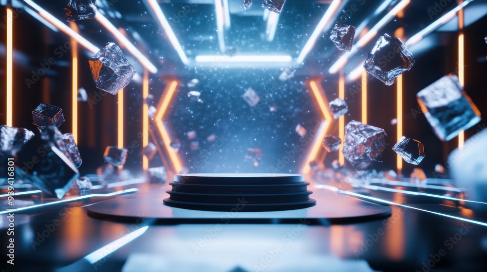 Poster futuristic sci-fi corridor with glowing neon lights 3d rendering
