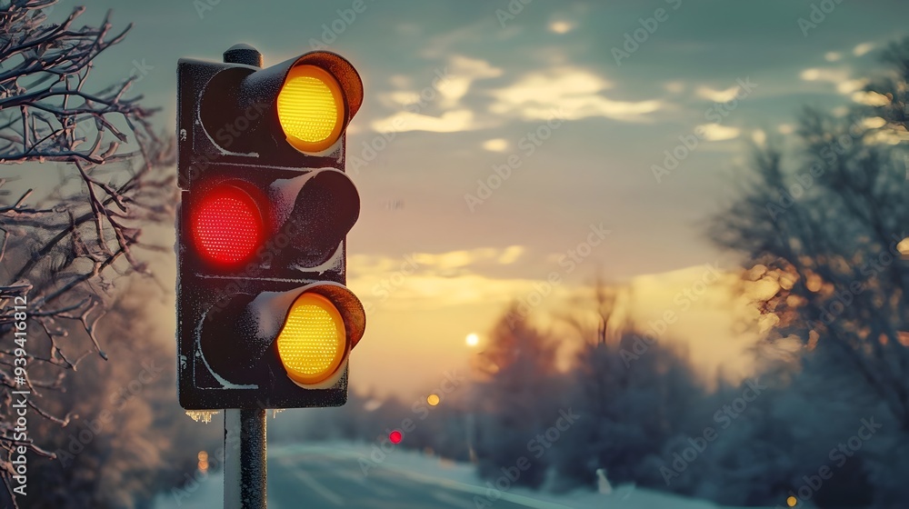 Poster frozen traffic light in transition between yellow and red representing decision-making and caution